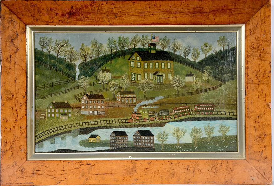 In The Style of Joseph Pickett. Manchester Valley.: In The Style of Joseph Pickett. Manchester Valley. c. 1910-1914. Unsigned. Oil on canvas. Paint rub on upper right corner, some crazing, otherwise excellent condition. Image is 20" w x 12"h. Frame is