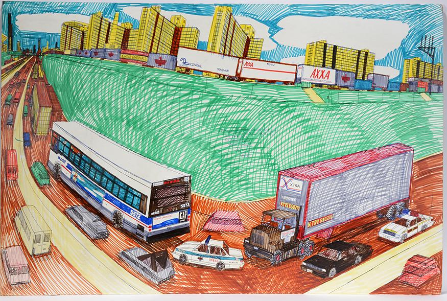 Wesley Willis. Dan Ryan Expressway 38th Toward 35th.: Wesley Willis. The Dan Ryan Expressway 38th Toward 35th. 1996. Signed, dated and titled. Heavy marker and ink on poster. Excellent condition. Masterpiece example. 42"w x 28"h. Est.$1,000-3,000. Ship:$