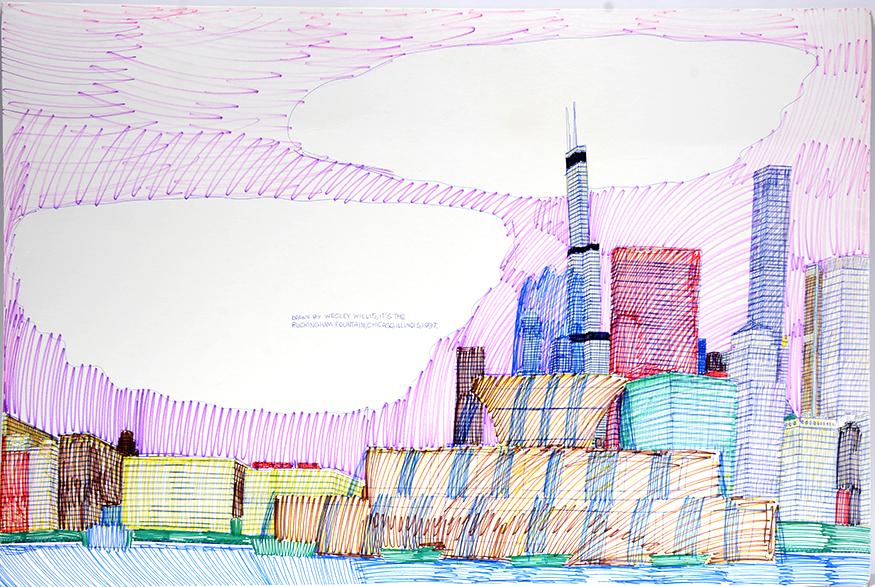 Wesley Willis. Buckingham Fountain Chicago.: Wesley Willis. Buckingham Fountain Chicago. 1997. Signed, dated and titled. Marker and ink on poster. Excellent condition. 42" w x 28"h. Est.$800-1,200. Ship:$85