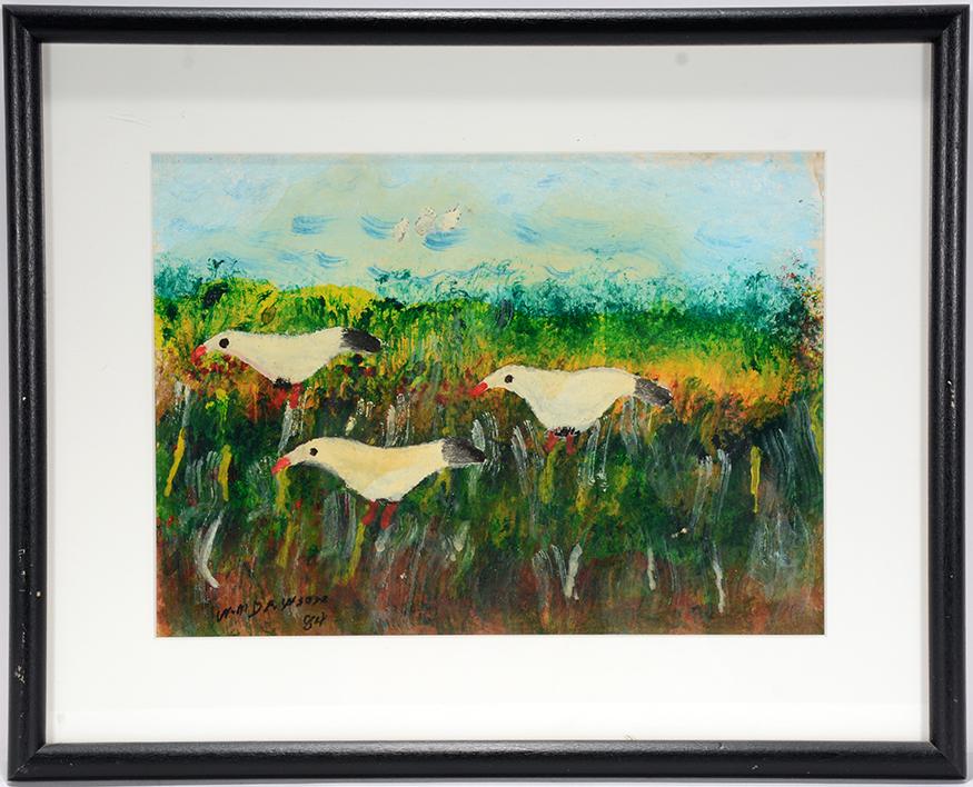 William Dawson. White Birds In A Field.: William Dawson. White Birds In A Field. 1984. Signed and dated. Oil on paper. Excellent condition. Image is 11.5"w x 8.5"h. Frame is 16" w x 13"h. Est.$800-1,200. Ship:$45