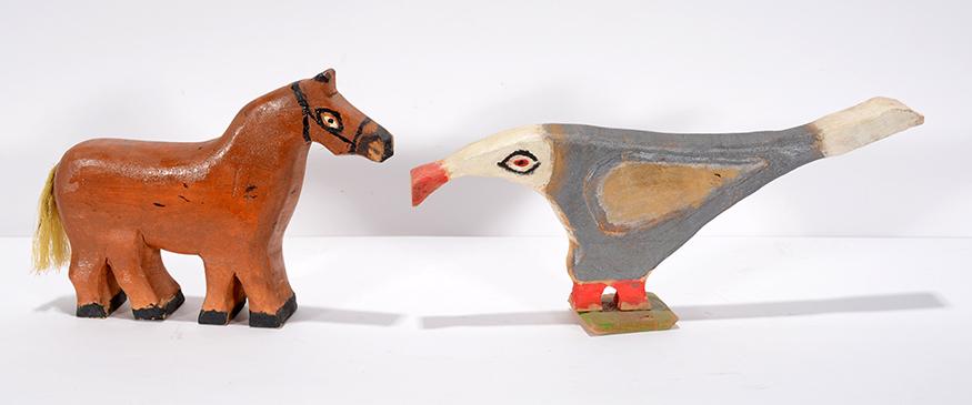 William Dawson. Horse & Bird Figures.: William Dawson. Horse And Bird Figures. 1984. Signed and dated. Carved and painted wood. Excellent condition. Average size is 9" x 7". Est.$800-1,200. Ship:$35