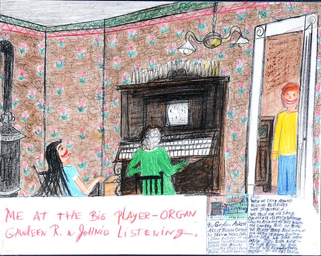 Gayleen Aiken. Me At The Player Organ.: Gayleen Aiken. Me At The Player Organ. c. 1980Â’s. Signed and titled. Crayon and colored pencil on cardstock. Excellent condition. 19" w x 16"h with frame. Est.$600-900. Ship:$45