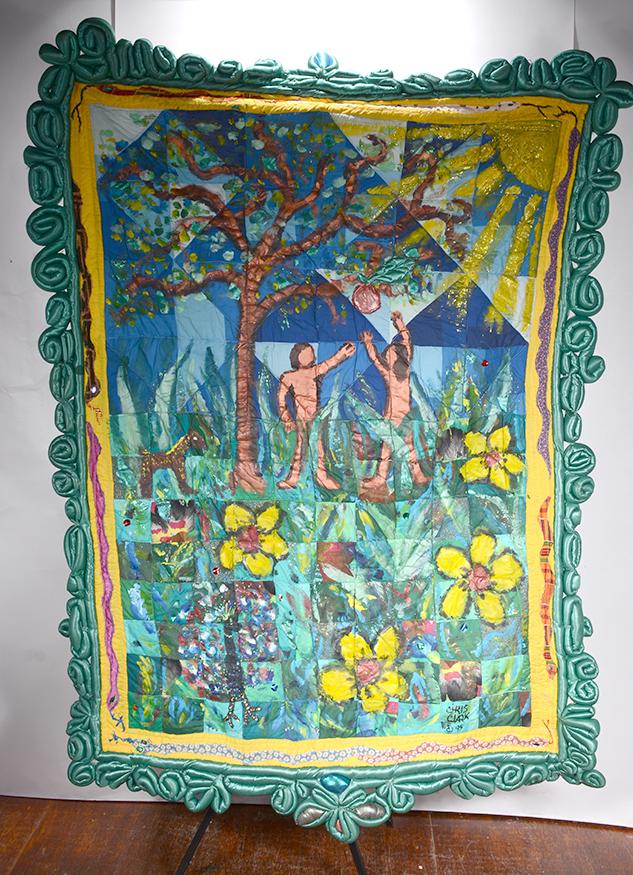 Chris Clark. Adam & Eve Quilt.: Chris Clark. Adam & Eve Quilt. 1995. Signed and dated. Hand-sewn and painted fabric. Excellent condition. 72" w x 60"h. Est.$800-1,200. Ship:$45
