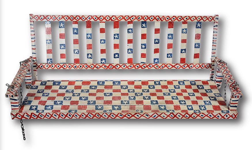 B.F. Perkins. Personal Patriotic Porch Swing.: B.F. Perkins. Patriotic Porch Swing. Signed with full name and address. This was Perkins' personal porch swing at his house. Paint on wooden porch swing. Excellent condition. 60"long x 22"h x 23"w. Es