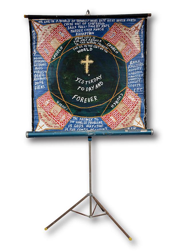 B.F. Perkins. 4 Churches Of The World.: B.F. Perkins. Four Churches Of The World. Initialed. Oil on found old projector screen. total size with tripod is 42"w x 74"h. Fair condition with crazing. Est.$300-500. Ship:$85