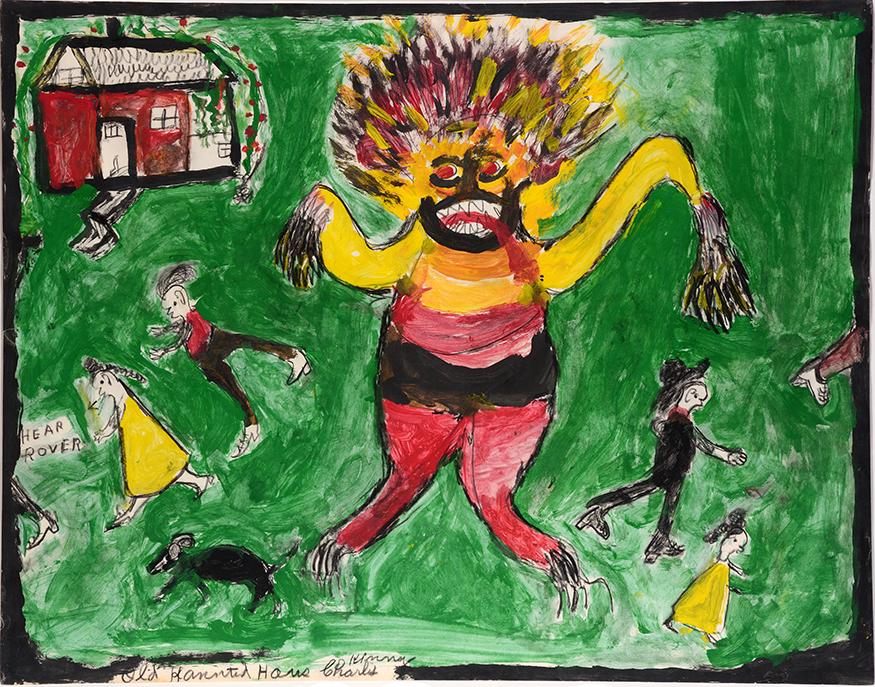 Charlie Kinney. Old Haunted Haus (sic.): Charlie Kinney. Old Haunted Haus (sic.) Signed and titled. Paint on poster. Excellent condition. Great example. Image is 28"w x 22"h. Frame is 38"w x 32"h. Provenance: The Carl Mullis Collection. Illu