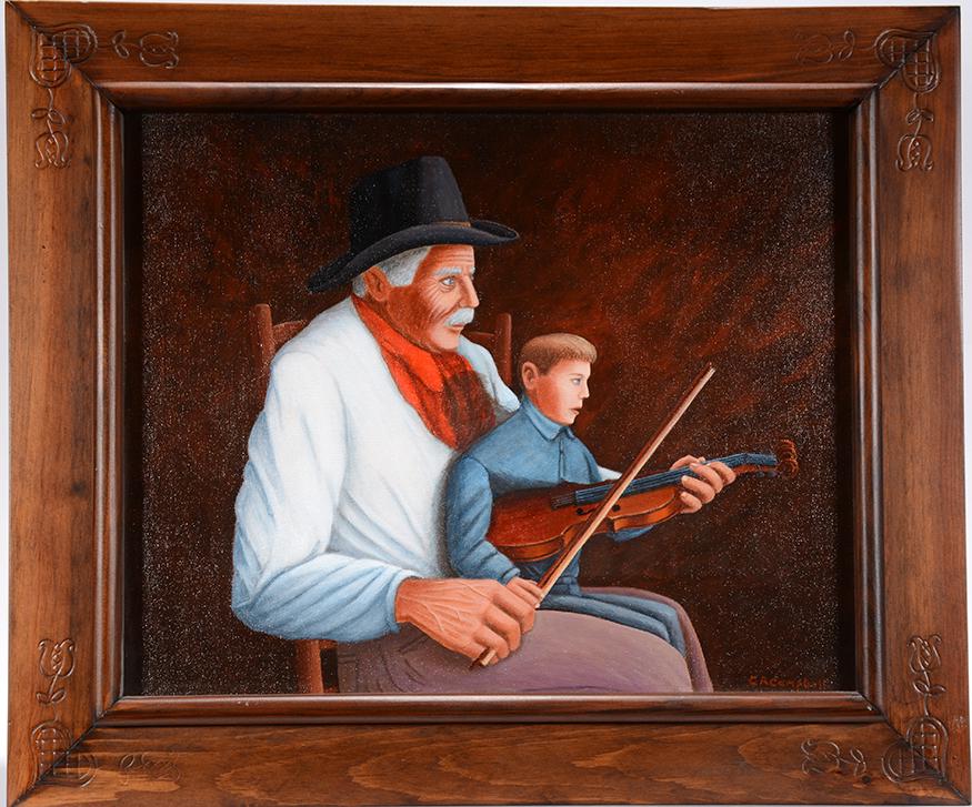 Charles Campbell. Teaching Grandson Fiddle.: Charles Campbell. Teaching Grandson To Play The Fiddle. Signed. Not dated. Oil on canvas. Excellent condition. 25" w x 21"h with frame. Possibly prison artist from Kentucky. Est.$800-1,200. Ship:$45