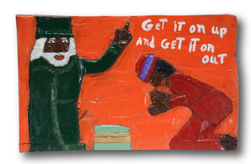 Herbert Singleton. Get It On Up & Get It On Out.: Herbert Singleton. Get It On Up and Get It On Out. Not signed. Carved and painted cedar wood relief plaque. Excellent condition. 22"w x 14"h. Est.$800-1,200. Ship:$45