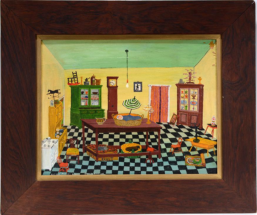 Streeter Blair. Antique Picker Kitchen.: Streeter Blair. Antique Picker Kitchen. 1949. Signed, dated and titled with note from artist about copyright from Galerie St. Etienne. Oil on canvas panel. Loss of paint and paint raising off canvas i