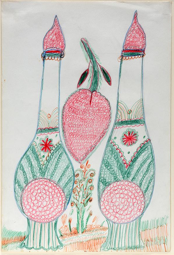 Nellie Mae Rowe. Abstract Vases.: Nellie Mae Rowe. Pair of Abstract Vases. Not signed or dated. Colored pencil, crayon and ink on paper. Excellent condition. Image is 12" w x 18"h. Est.$600-900. Ship:$45