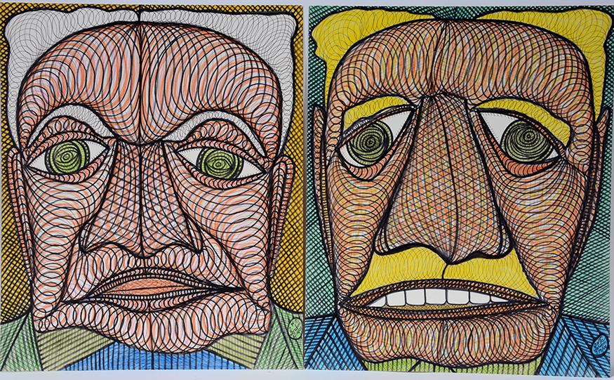 Ted Gordon. Vet Party Pro & Youth Will Learn.: Ted Gordon. Veteran Party Pro & Youth Will Learn. 2001. Signed, dated and dated. Pair of paintings. Mixed media and ink on cardstock. Excellent condition. 14" x 17" each. Provenance: The Ames Gallery.