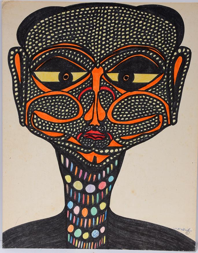 Ted Gordon. Single Spotted Face.: Ted Gordon. Single Spotted Face. c. 1965. Signed. Not dated. Marker on back of San Francisco 1965 calendar. Minor foxing on paper. Dog-earred corners, otherwise good condition. 11.5" w x 14.5"h. Prove