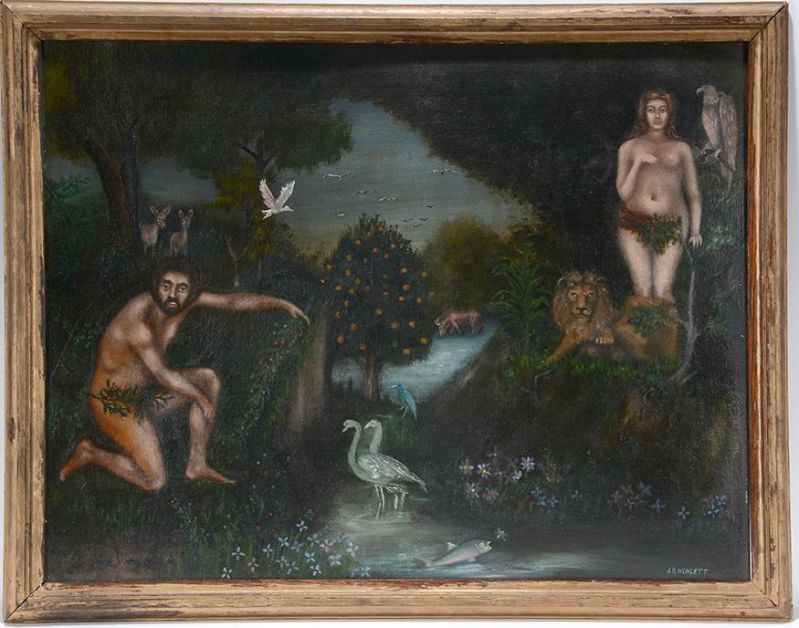 Rev. Joel D. Hewlett. Adam And Eve in Garden.: Rev. Joel D. Hewlett. Adam And Eve In The Garden Of Eden. Signed. Paint on canvas panel. Slight warping to board, otherwise excellent condition. 30" w x 24"h with frame. This is a New Discovery Master