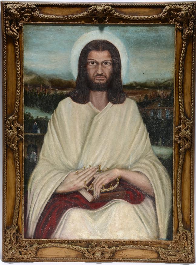 Rev. Joel D. Hewlett. Creator Love Hath No Man.: Rev. Joel D. Hewlett. Creator Love Hath No Man Than This That A Man Lay Down His Life For His Friends. Signed and titled. Paint on old vanity wooden board with artist braided rope and painted frame. A