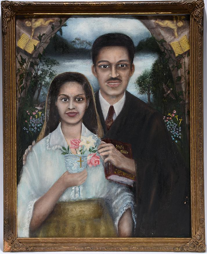Rev. Joel D. Hewlett. Sun. Self Portrait With Wife.: Rev. Joel D. Hewlett. Sunday Self Portrait With Wife. Signed. Paint on canvas panel. Minor crazing and loss at lower right side, otherwise excellent condition. 25" w x 30"h with frame. Exhibited at Th