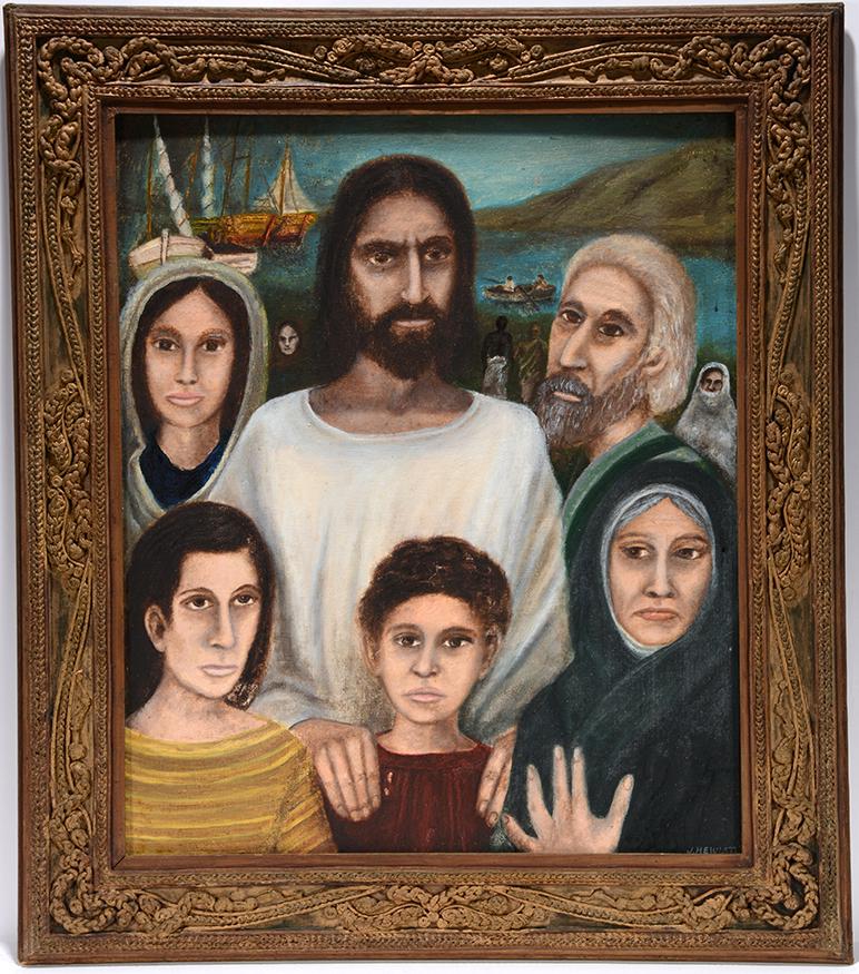Rev. Joel D. Hewlett. Extended Family.: Rev. Joel D. Hewlett. Extended Family With Seaport in Background. Signed. Paint on canvas panel with artist-made rope frame. Minor paint rub in red shirt of boy in center, otherwise excellent conditio