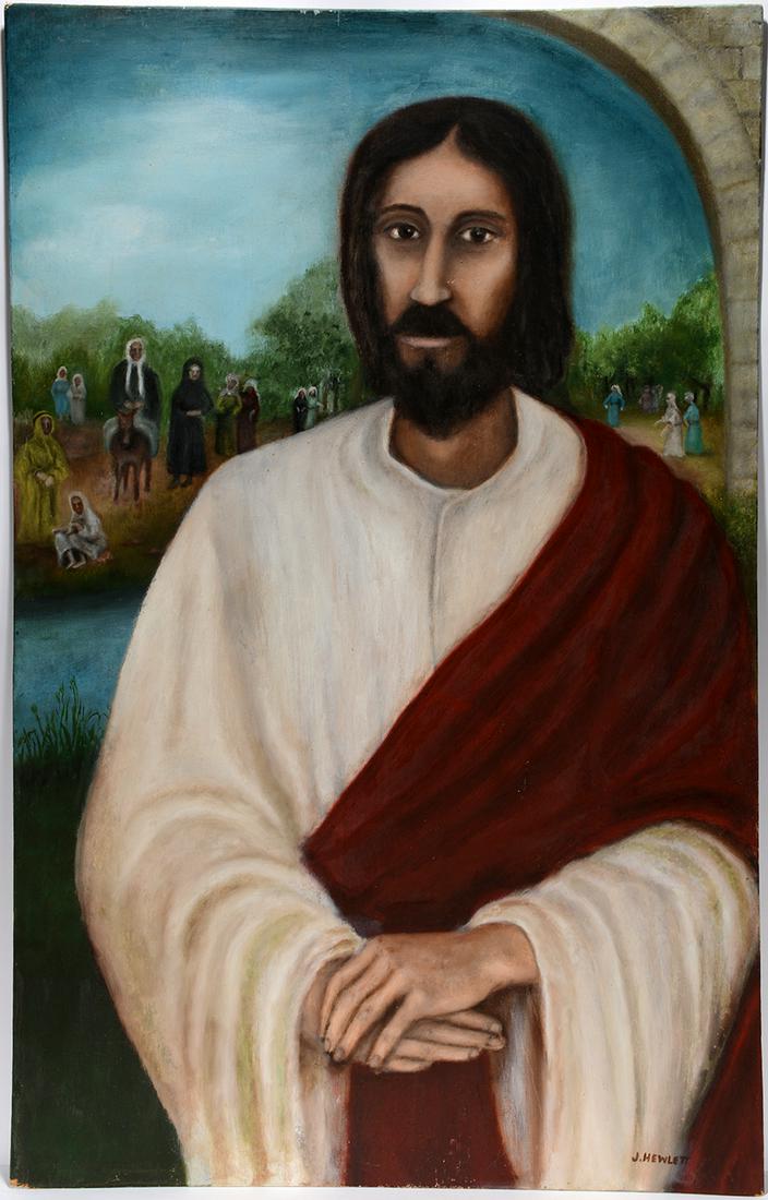 Rev. Joel D. Hewlett. Large Jesus.: Rev. Joel D. Hewlett. Large Jesus At The River With Followers In Background. Signed. Paint on house paneling. Wear on corners and rub on Jesus' face, otherwise great condition. 28" w x 44"h. Exhibited