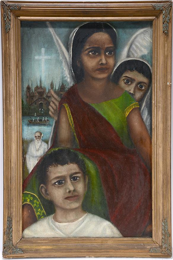 Rev. Joel D. Hewlett. Angel Helping Mother & Child.: Rev. Joel D. Hewlett. Angel Helping Mother and Child To Ways Of Christ. Signed. Paint on board. Excellent condition. 19" w x 28" h with frame. Exhibited at The Evansville Museum of Art, 2018. Est.$800