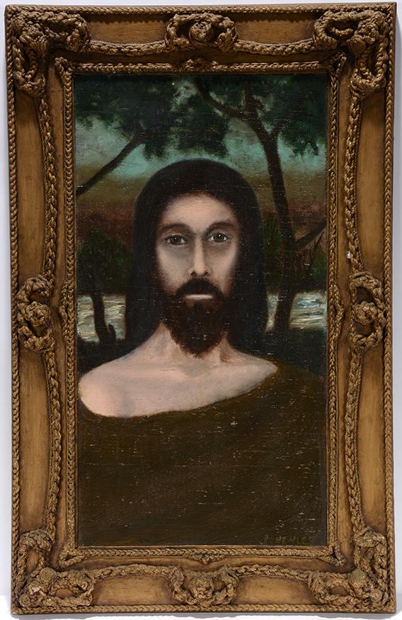 Rev. Joel D. Hewlett. Religious Figure At The River.: Rev. Joel D. Hewlett. Religious Figure At The River. Signed. Paint on board with artist made rope frame. Excellent condition. 16" w x 26"h with frame. Exhibited at The Evansville Museum of Art, 2018. 