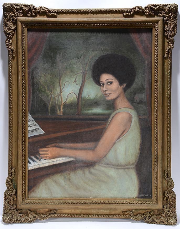 Rev. Joel D. Hewlett. Woman At The Piano.: Rev. Joel D. Hewlett. Woman At The Piano. Signed. Paint on canvas panel with artist made rope frame. Excellent condition. 30" w x 37"h with frame. Exhibited at The Evansville Museum of Art, 2018. Est.