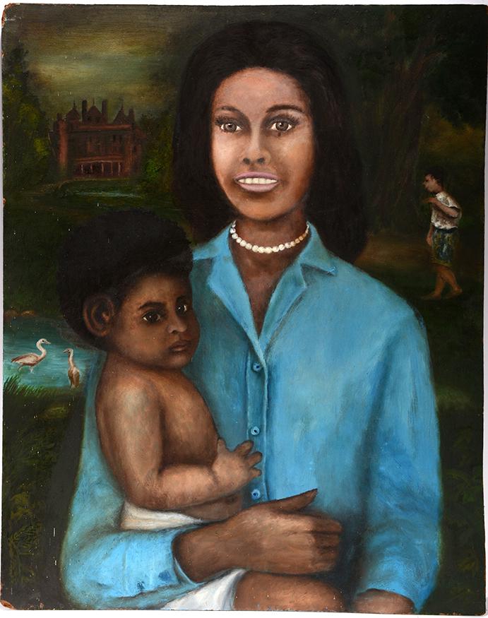 Rev. Joel D. Hewlett. Woman With Her Baby.: Rev. Joel D. Hewlett. Woman With Her Baby. Signed. Paint on masonite. Lower left corner is dog-earred with minor paint splats, otherwise excellent condition. 24" w x 30"h. Exhibited at The Evansville 