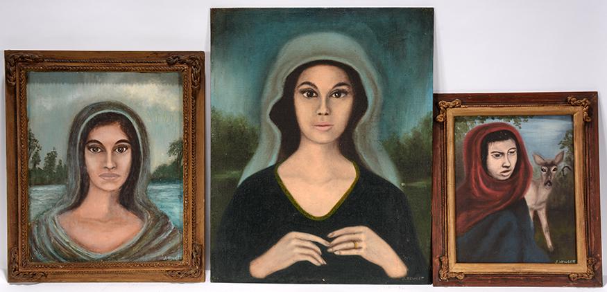 Rev. Joel D. Hewlett. 3 Women In Shawls.: Rev. Joel D. Hewlett. Three Women In Shawls. Signed. Paint on canvas panels. All in excellent condition. Largest is 16" x 20". Exhibited at The Evansville Museum of Art, 2018. Est.$300-500. Ship:$45. 