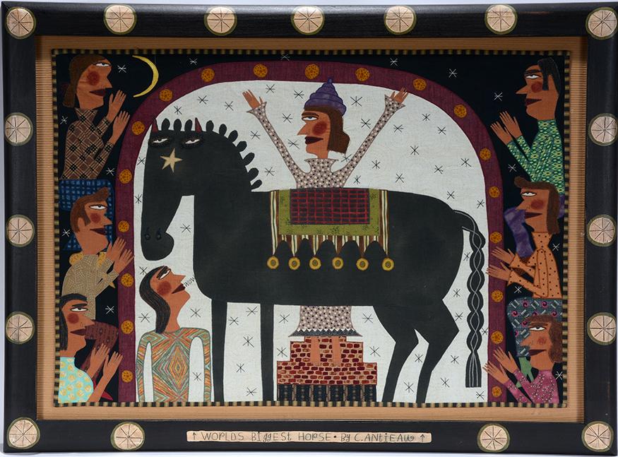 Chris Roberts-Antieau. World's Largest Horse.: Chris Roberts-Antieau. World's Largest Horse. 2002. Signed, dated and titled. Fabric applique and embroidery with artist decorated frame. Excellent condition. 37" w x 27"h with frame. Est.$800-1,200.