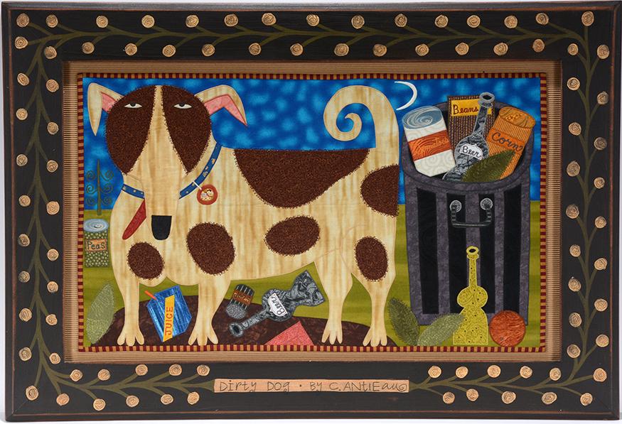 Chris Roberts-Antieau. Dirty Dog.: Chris Roberts-Antieau. Dirty Dog. 2004. Signed, dated and titled. Fabric applique and embroidery with artist decorated frame. Excellent condition. 31" w x 21"h with frame. Est.$800-1,200. Ship:$65