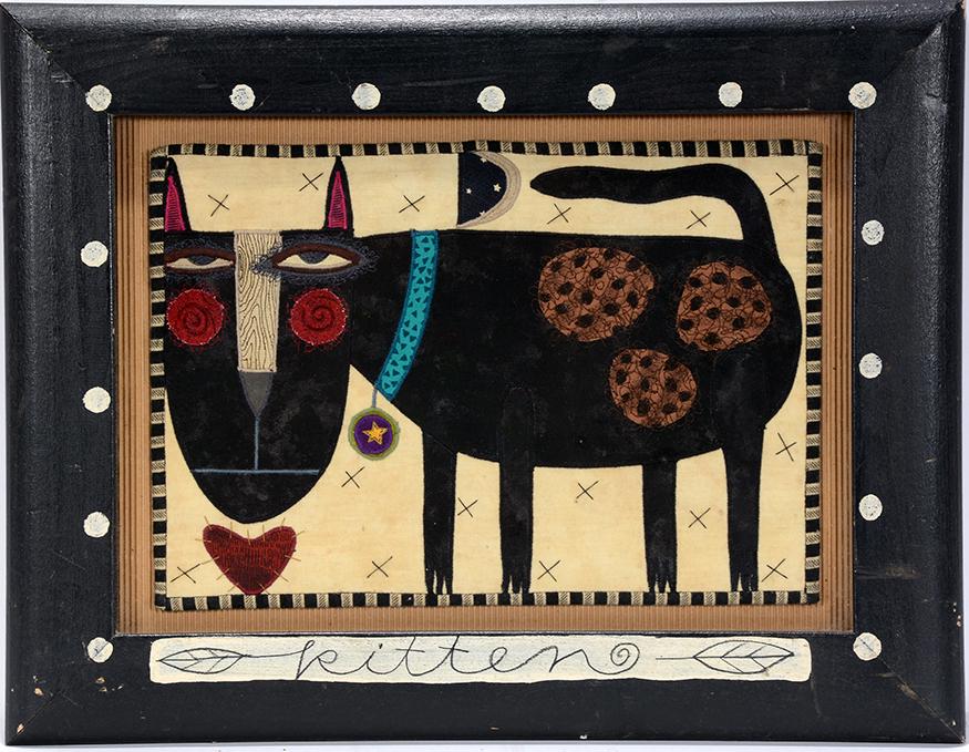 Chris Roberts-Antieau. Kitten.: Chris Roberts-Antieau. Kitten. Not signed or dated. Colored fabric art. Excellent condition. 17" w x 14"h with frame. Est.$300-500. Ship:$35