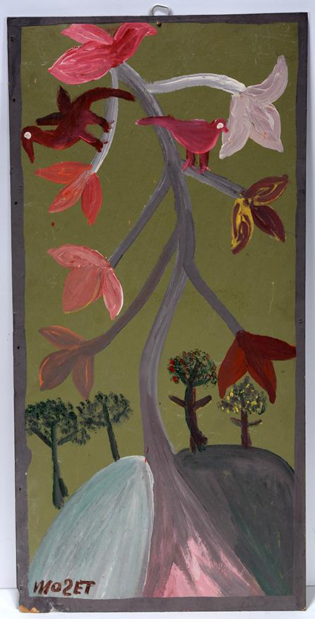 Mose Tolliver. Spotted Lilly In The Valley.: Mose Tolliver. Spotted Lilly In The Valley. Signed and titled. Paint on found upson board. Minor loss on lower right corner, otherwise great condition. 13" w x 26"h. Est.$600-900. Ship:$45