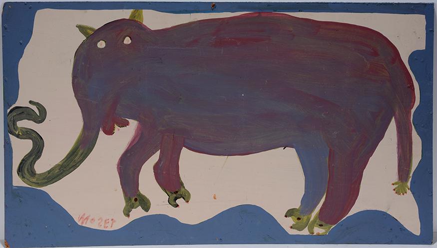 Mose Tolliver. Big Bear Elephant.: Mose Tolliver. Big Bear Elephant. Signed and titled. Paint on found upson board. Minor loss to corner and wear, otherwise great condition. 29" w x 17"h. Est.$800-1,200. Ship:$55