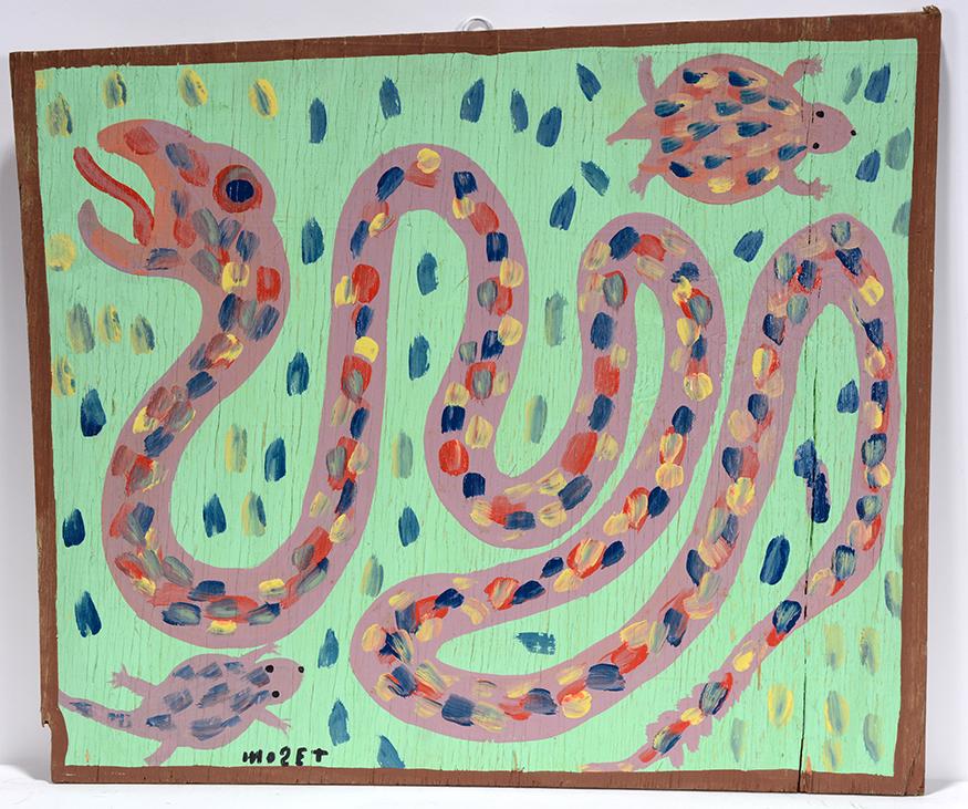 Mose Tolliver. Snake With Turtles.: Mose Tolliver. Snake With Turtles. Signed. Paint on board. Excellent condition. 23" w x 21"h. Est.$800-1,200. Ship:$45