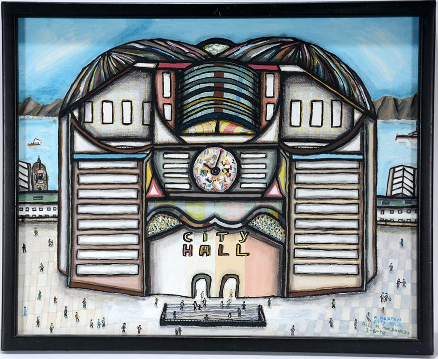 Alex Maldonado. Modern City Hall.: Alex Maldonado. Modern City Hall. 1970. Signed, dated and titled. Oil on canvas. Excellent condition. 21" w x 16"h with frame. Provenance: The Ames Gallery. Est.$300-500. Ship:$45