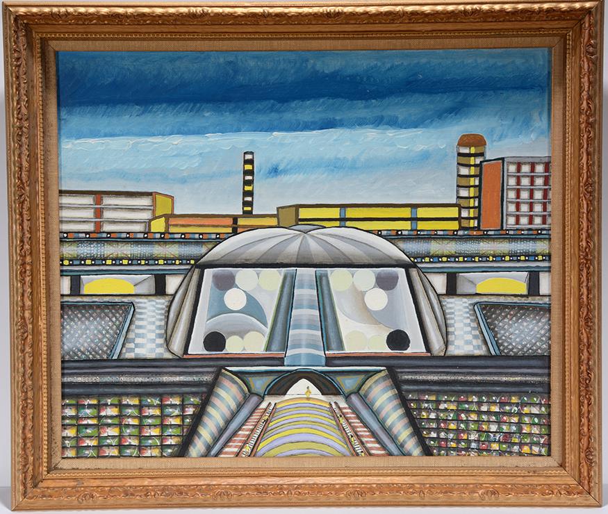 Alex Maldonado. Futuristic Urban Buildings.: Alex Maldonado. Futuristic Urban Buildings. 1974. Signed and dated. Oil on canvas. Excellent condition. Size with frame is 28" w x 24"h. Provenance: The Ames Gallery. Est.$800-1,200. Ship:$65