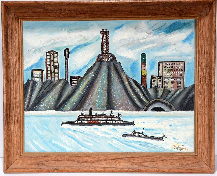 Alex Maldonado. Ferry Boat.: Alex Maldonado. Ferry Boat In Front Of Mountain Tower. 1970. Signed and dated. Oil on canvas. Excellent condition. 21" w x 17"h with frame. Provenance: The Ames Gallery. Est.$200-300. Ship:$45