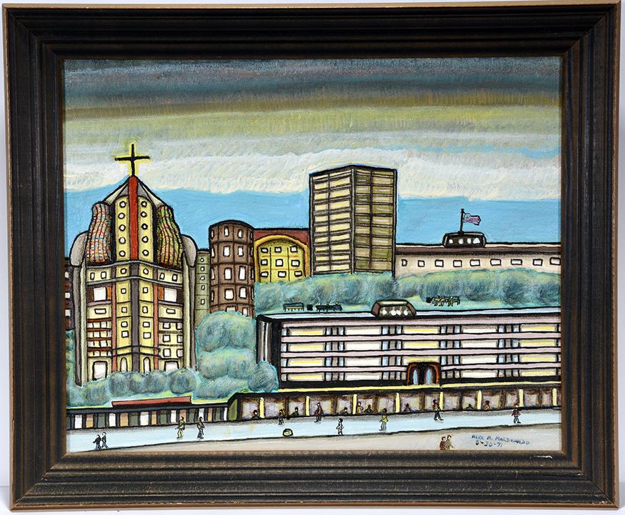Alex Maldonado. City View Of Church.: Alex Maldonado. City View Of Church. 1971. Signed and dated. Oil on canvas. Excellent condition. 23" w x 19"h. Provenance: The Ames Gallery. Est.$300-500. Ship:$45