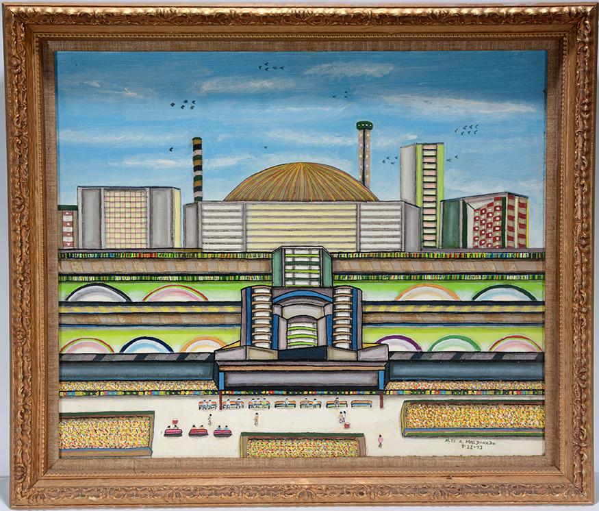 Alex Maldonado. Birds Over Dome Building.: Alex Maldonado. Birds Over Dome Building. 1973. Signed and dated. Oil on canvas panel. Excellent condition. 28" w x 24"h with frame. Provenance: The Ames Gallery. Est.$800-1,200. Ship:$65