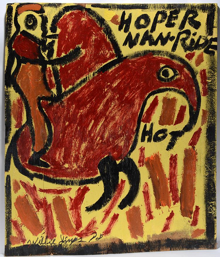 Willie Jinks. Hoper Man Ride.: Willie Jinks. Hoper Man Ride. Signed and titled. Paint on found board. Great condition. 38" w x 45"h. Est.$300-600. Ship:$125