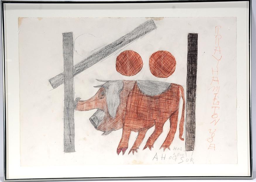 Ray Hamilton. A Hog.: Ray Hamilton. A Hog. 1989. Signed. Colored pencil, crayon and ink on found paper. Great condition. Image is 22" w x 15"h. Frame is 25"w x 18h. Provenance: Luise Ross Gallery. Est.$800-1,200. Ship:$45
