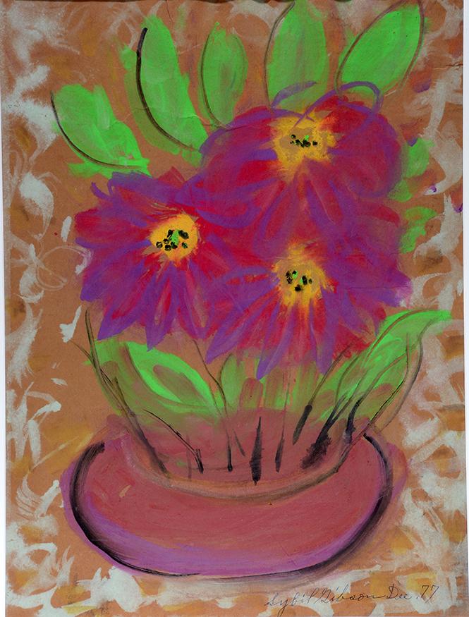 Sybil Gibson. Still Life Of Poinsettias.: Sybil Gibson (1908-1987). Still Life Of Poinsettias. Dec. 1977. Signed, dated and titled on verso. Watercolor on cardboard ply. Image is 18.75"w x 24.75"h. Archival frame is 24" w x 30"h. Great condit