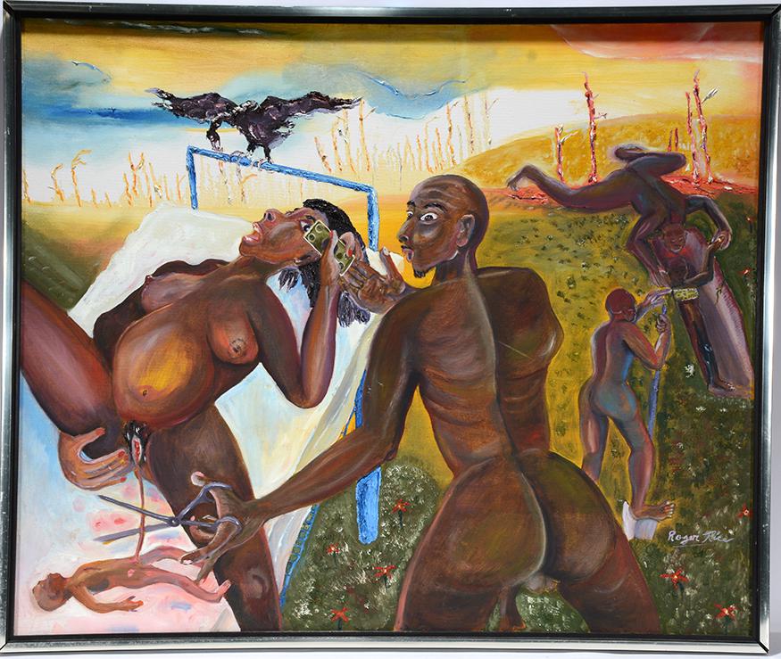 Roger Rice. Sad Story.: Roger Rice. Sad Story. Signed. Not dated. Oil on canvas. Excellent condition. Size with frame is 37" w x 31"h. Est.$800-1,200. Ship:$75