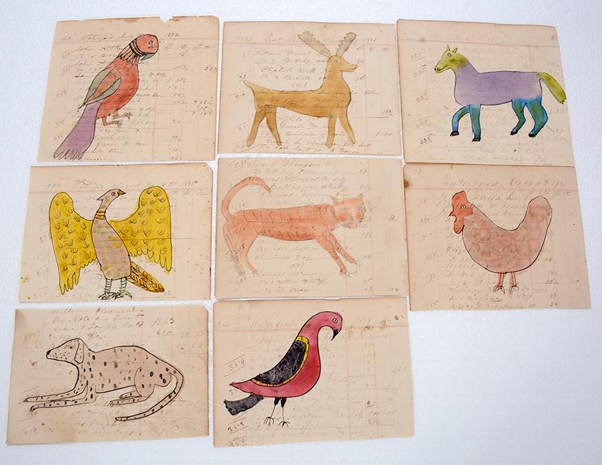 Contemporary Animal Drawings on 19th C. Ledger Paper.: 8 Animal Drawings on 19th C. Ledger Paper. Possibly Mennonite artist. Paper is dated 1840s-80s. The Drawings are most likely contemporary from PA. Watercolor and ink on graphite on paper. Great condit