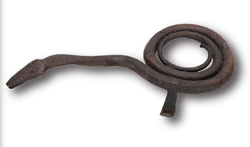Hand-Forged Metal Snake Trivet.: Anonymous Hand-Forged Metal Snake Trivet. c. 1900’s. Not signed. Hand-forged metal. Excellent condition. 3” h x 11” long x 5” d. Est. $1,000-2,000. Ship:$35
