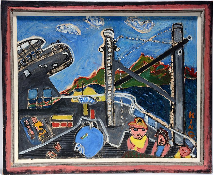 Alfred H. King. Mountain Theme Park.: Alfred H. King. Mountain Theme Park. c. 1960’s. Signed. Oil on canvas panel. Great condition. 34” w x 38” h with frame. Exhibited at The Association of The Bar Of The City of N