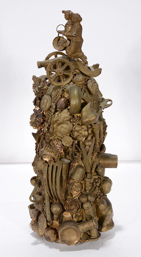 Anonymous Gold Memory Jug.: Anonymous Gold Memory Jug. c. 1930-40. Heavily detailed with found objects and gold paint. 16"h. Minor loss, otherwise great condition. Est. $300-500. Ship:$55