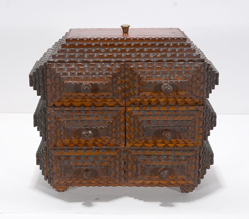 Tramp Art Jewelry Box.: Tramp Art Jewelry Box. c. 1930-40. Not signed. Chip-carved and stained wood. Excellent condition. 9” x 10” x 7”. Est. $300-500. Ship:$45