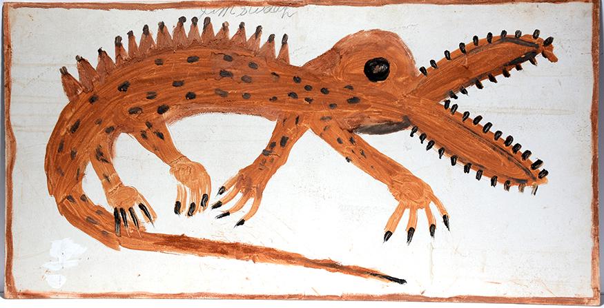 Jimmy Lee Sudduth. Gator.: Jimmy Lee Sudduth. Gator. Signed. Not dated. Mud and paint on board. Minor water stains and drips, some white touch up paint, otherwise good condition. 48” w x 24"h. Est. $300-500. Ship:$125