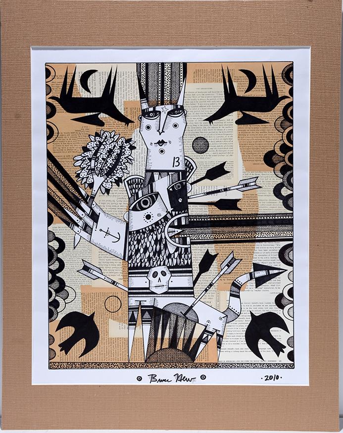 Bruce New. Human In Jerusalem.: Bruce New. Human In Jerusalem. 2010. Signed and dated. Mixed media and ink on cut out paper. Excellent condition. Image is 16” w x 20"h. Est. $600-900. Ship:$55