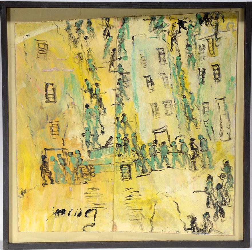 Purvis Young. Hang Out In the Alley Way.: Purvis Young. Hang Out In the Alley Way. Signed. Paint on found wood. Excellent condition. 32" x 32" with frame. Est. $800-1,200. Ship:$75