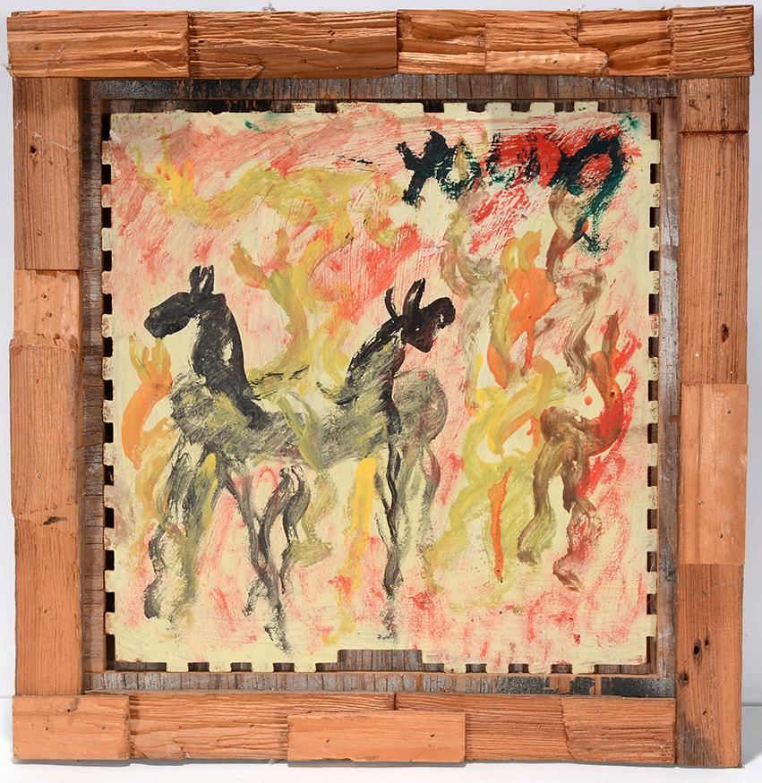 Purvis Young. Horses On Postage Board.: Purvis Young. Horses On Postage Stamp-Like Board. Signed. Paint on found masonite with artist made frame. Excellent condition. 17” x 17” with frame. Est. $300-500. Ship:$35